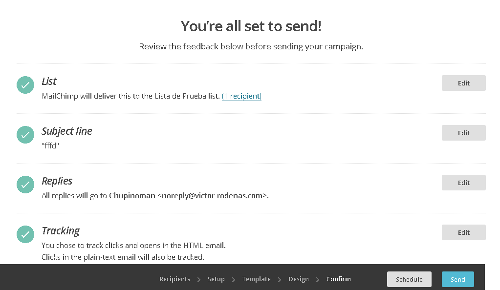 Verificación antes de enviar la campaña en MailChimp